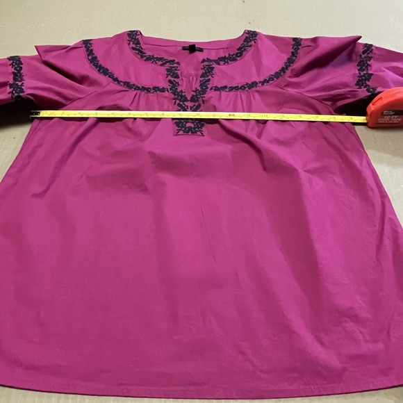 Talbots‎ Women's Embroidered Fuchsia Puff Sleeve Boho V-Neck Top Peasant Stretch - Picture 5 of 12